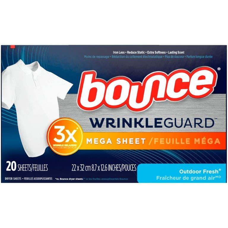 Bounce WrinkleGuard Mega Dryer Sheets, Fabric Softener and Wrinkle Releaser Sheets, Outdoor Fresh Scent, 20 count